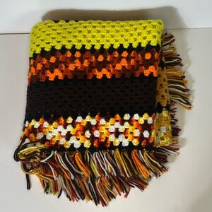 70s Handmade Retro Crochet Blanket with Fringe ,throw